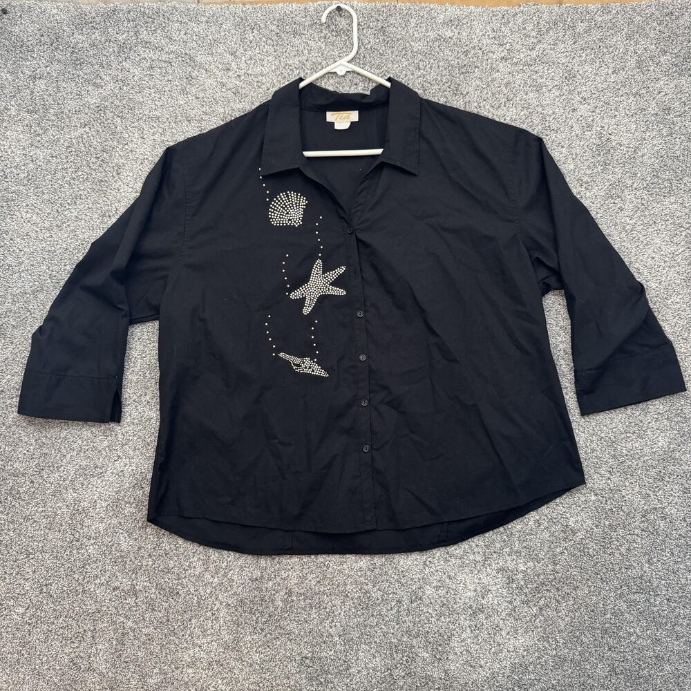 Vintage Y2K Tia Designs Shirt 1X Sea Shell Starfish Embellished Nautical Chic